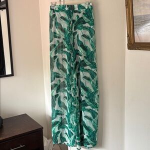 Tropical Green Leaf Print chiffon palazzo pants